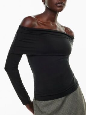 Aritzia Wilfred Carole Long Sleeve Top Womens L Black Off Shoulder Fitted